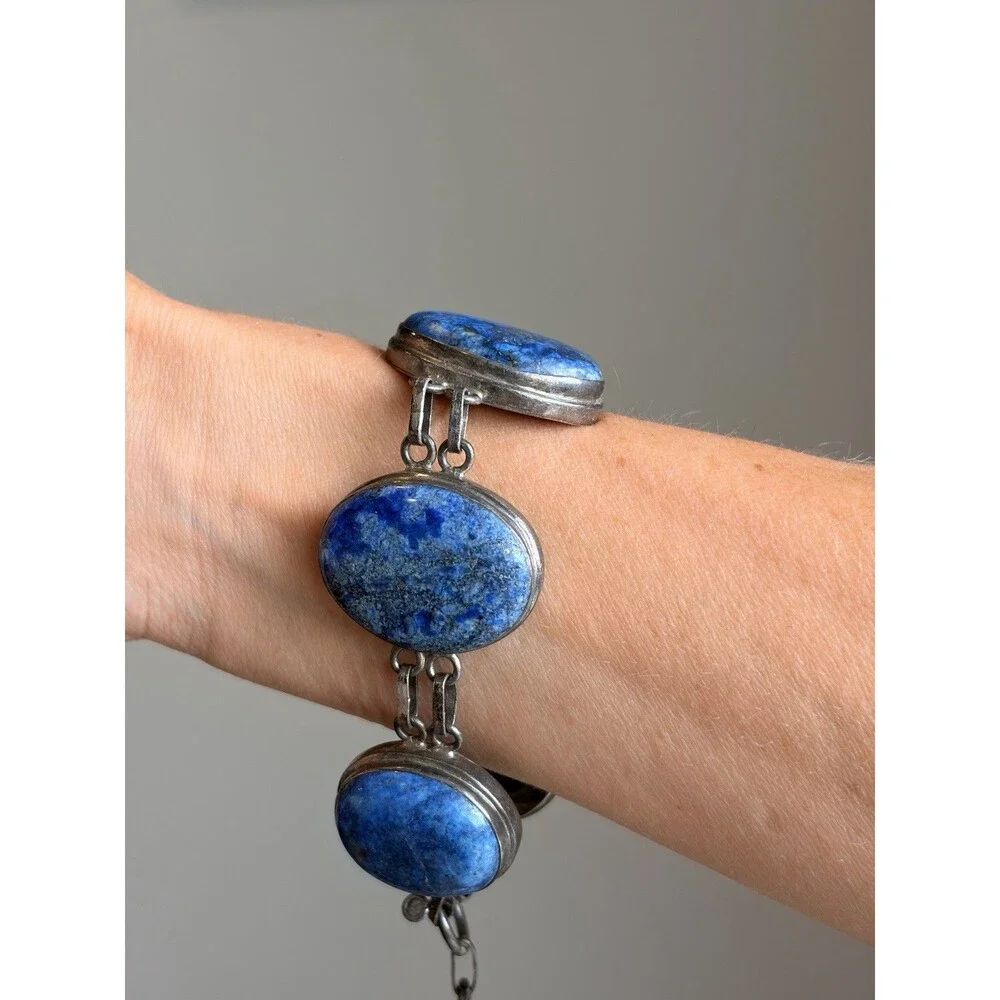 Vintage Large Lapis Lazuli Cabochon 925 Sterling Silver Bracelet Native Navajo